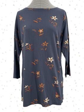 Duluth Trading Navy Blue 3/4 Sleeve Cotton Top Long Shirt Orange Floral Size M